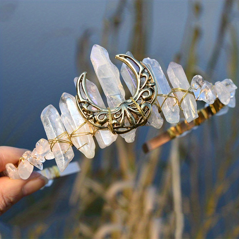 1pc Elegant Natural Crystal Headband - Moon Shaped Hollow Tiara - Chic Hair Jewelry for Special Occasions and Everyday Glamour