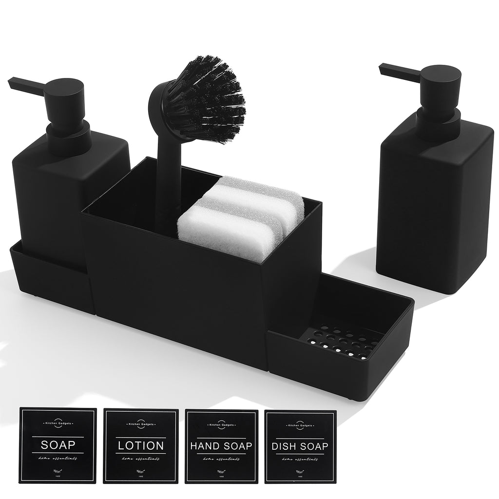 1 Set Black Double Soap Dispenser with Sponge Holder And Dish Brush for Kitchen Sink Countertop, Freestanding Plastic, Phthalate-Free, No Electricity Needed