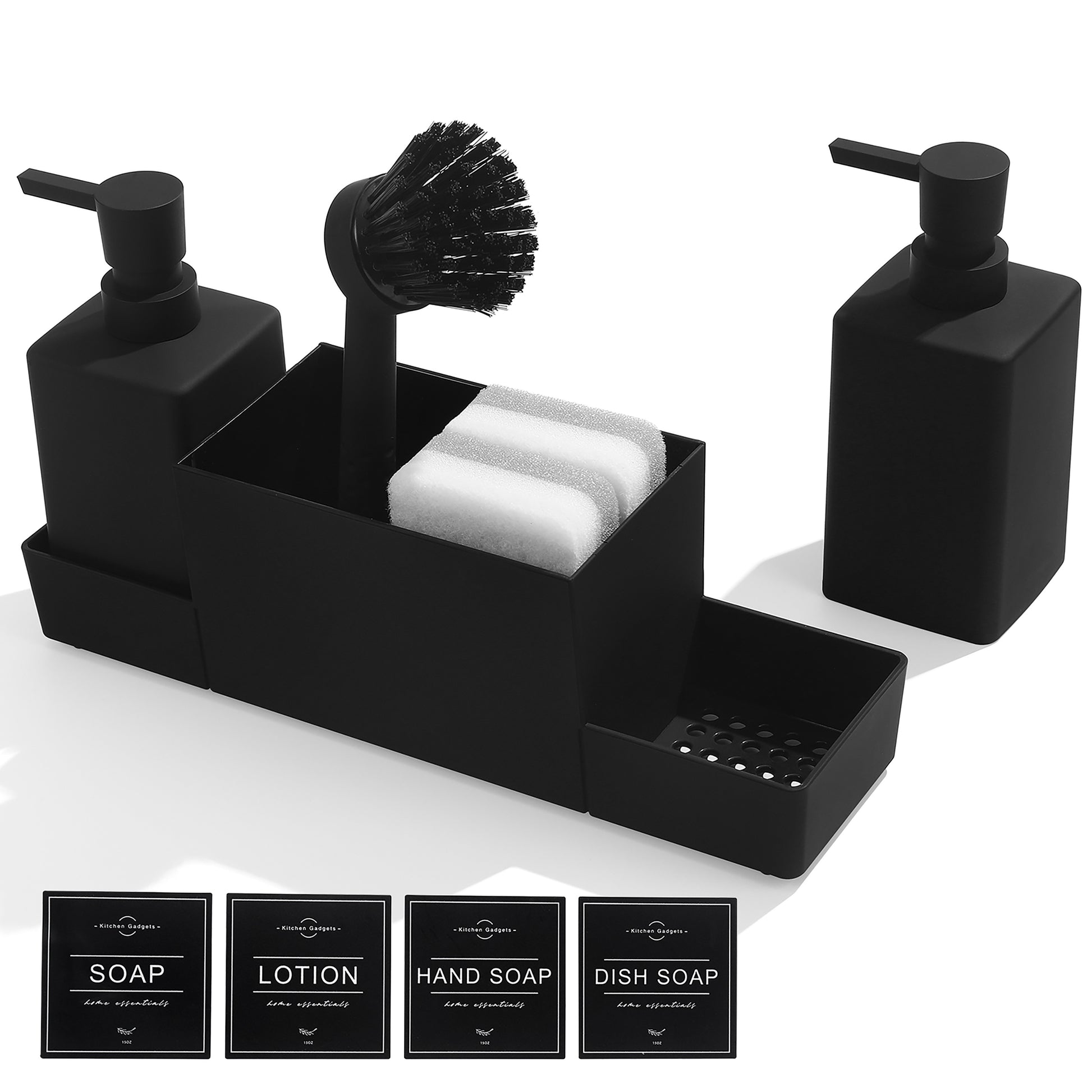 1 Set Black Double Soap Dispenser with Sponge Holder And Dish Brush for Kitchen Sink Countertop, Freestanding Plastic, Phthalate-Free, No Electricity Needed