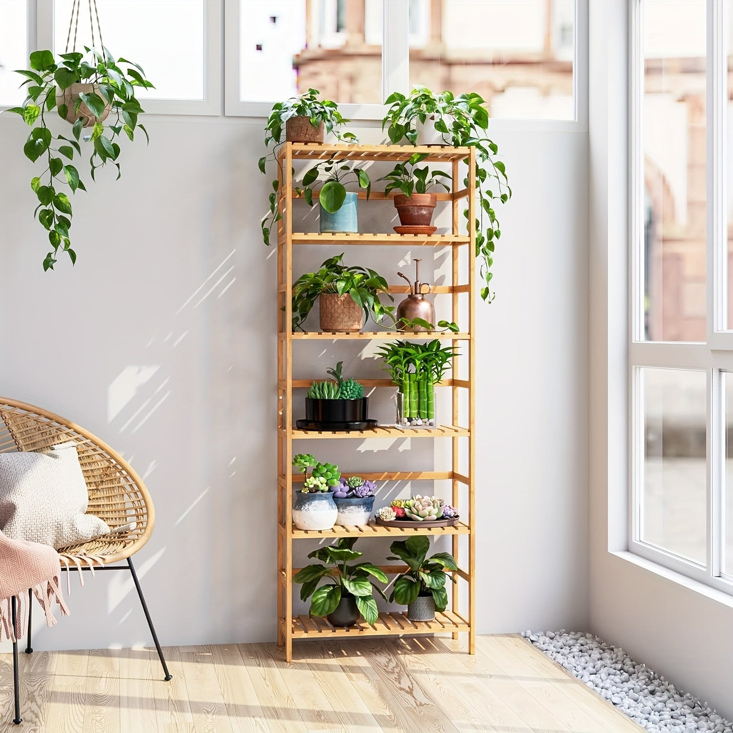 1pc Bamboo 6-Tier Freestanding Shelf Rack, Adjustable Tiered Storage Organizer for Kitchen, Bathroom, Home Office - No Metal Pipes, Versatile Room Use, AESOME, Standing Shelf