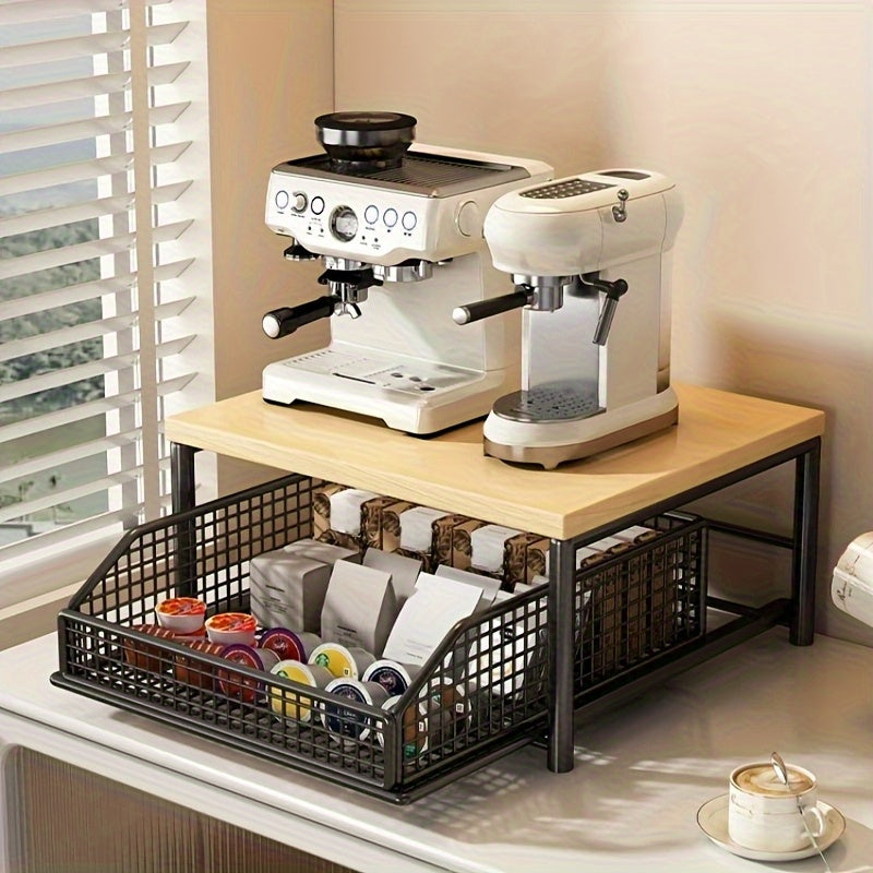 1pc Kitchen Microwave Rack, Floor-standing Organizer, Fixed Shelf, 2 Colors Available, Hardwood & Metal Structure, with Drawer, Modern Design, Durable, Standing Shelf