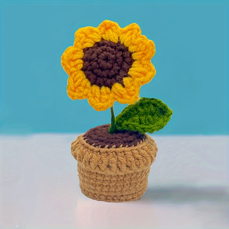 Handmade Crochet Polyester Sunflower Rose Tulip Puff Carnation Miniature Bonsai Car Parts for Living Room Tabletop Decor, No Electricity Needed, Perfect for Christmas, Thanksgiving, Valentine's, Mother'S Day, Graduation Gifts