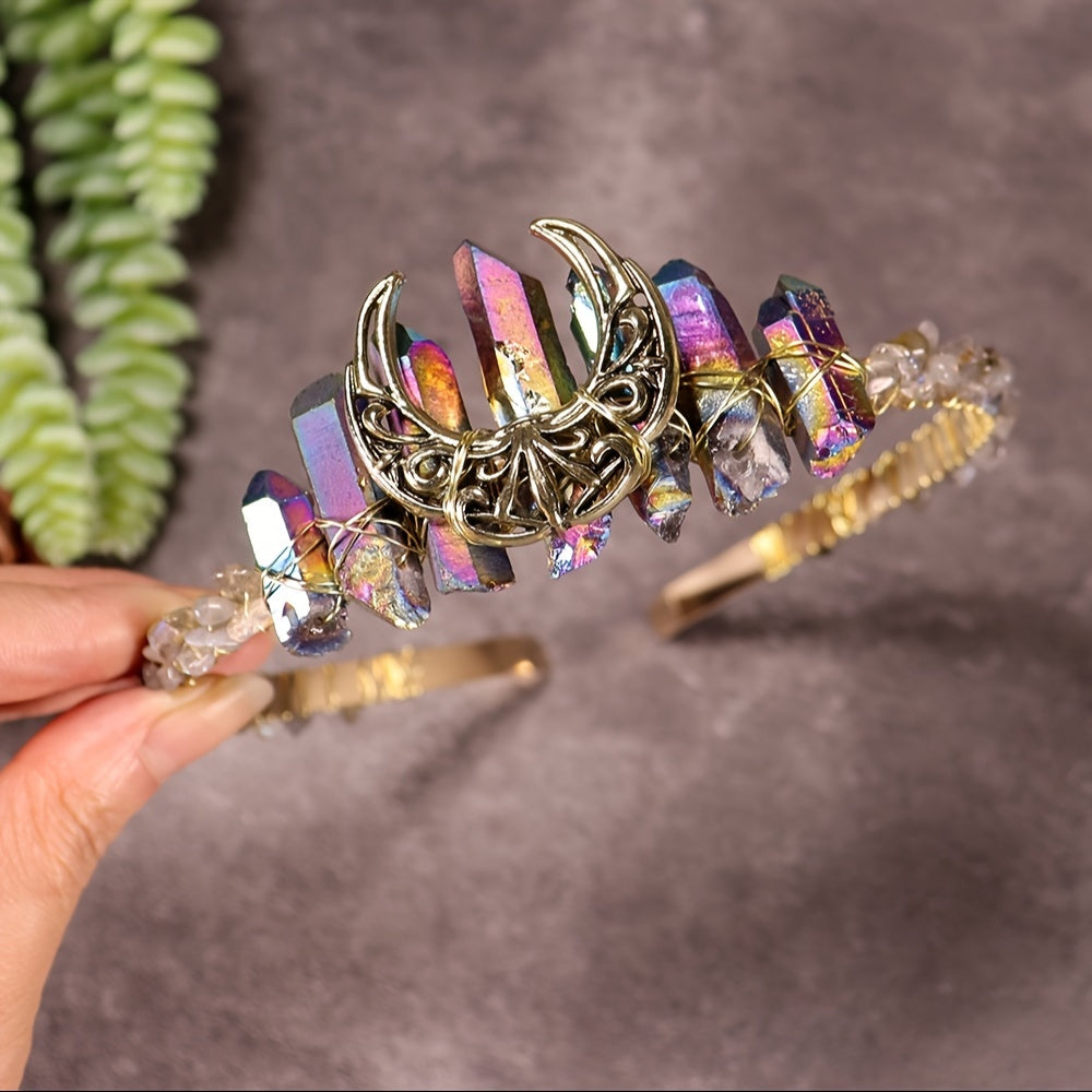 1pc Elegant Natural Crystal Headband - Moon Shaped Hollow Tiara - Chic Hair Jewelry for Special Occasions and Everyday Glamour