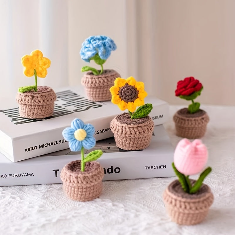 Handmade Crochet Polyester Sunflower Rose Tulip Puff Carnation Miniature Bonsai Car Parts for Living Room Tabletop Decor, No Electricity Needed, Perfect for Christmas, Thanksgiving, Valentine's, Mother'S Day, Graduation Gifts