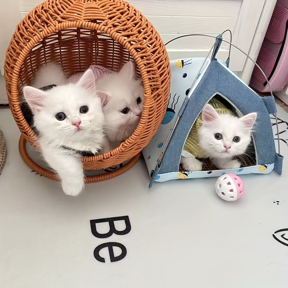 1pc Round Woven Rattan Cat Hammock Basket