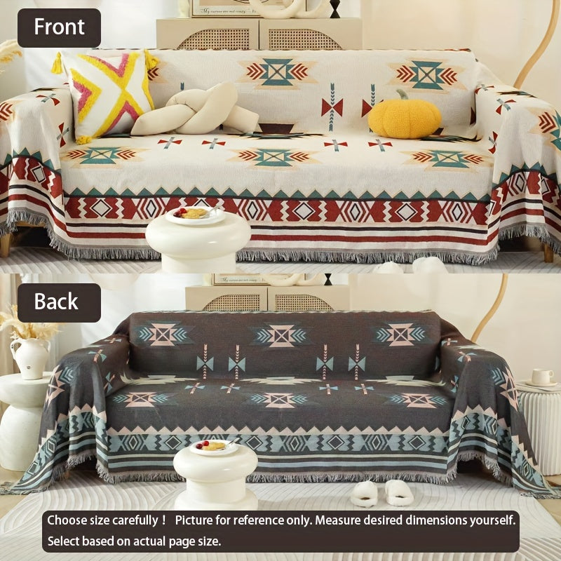 1pc Modern Tassel Sofa Throw Cover - Hand Washable Blend, Universal Fit for Armchair to Sectional Sofas, Botanical & Abstract Cat Patterns, Furniture Protector for Home & Office Decor