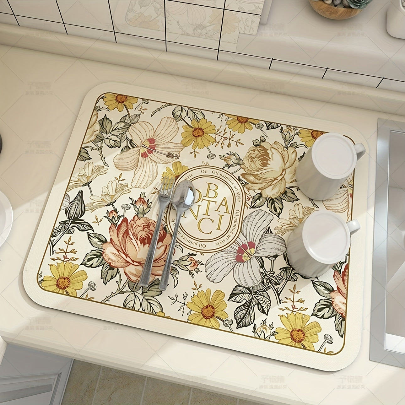 1pc Diatom Mud Fabric Dish Drying Mat, Fantasy Style, Washable, Heat Insulation, Tabletop Protection, Home Kitchen Table Decor, Tableware Accessories
