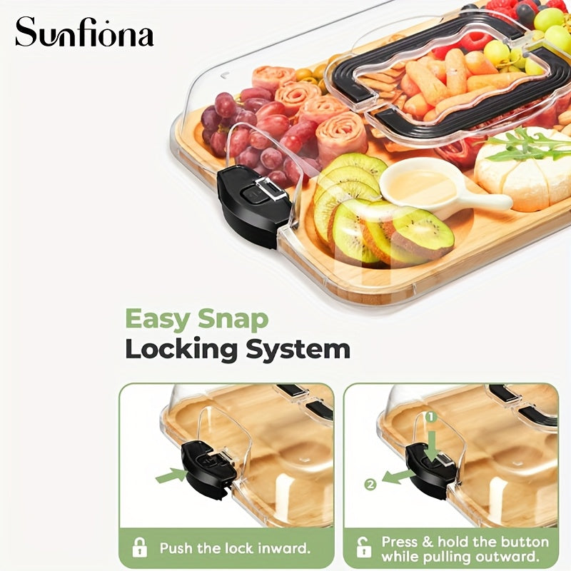 Sunfiona 1pc Bamboo Cheese Tray with Transparent Acrylic Lid