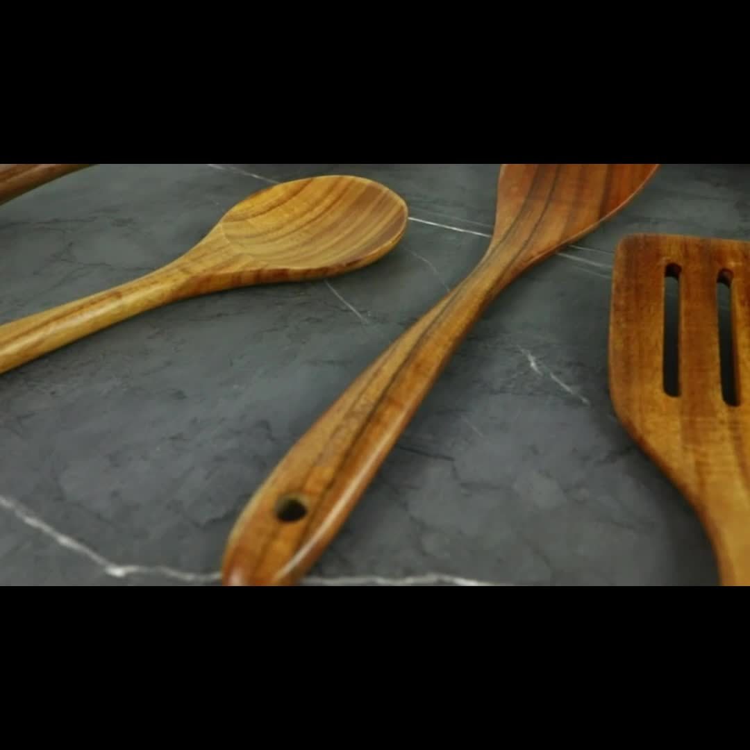 AIUHI 5pcs Wooden Kitchen Utensils Set, Wooden Spoons Natural Spurtle Set for Non-stick Pan Kitchen Tool Ladle and Wok Spatulas