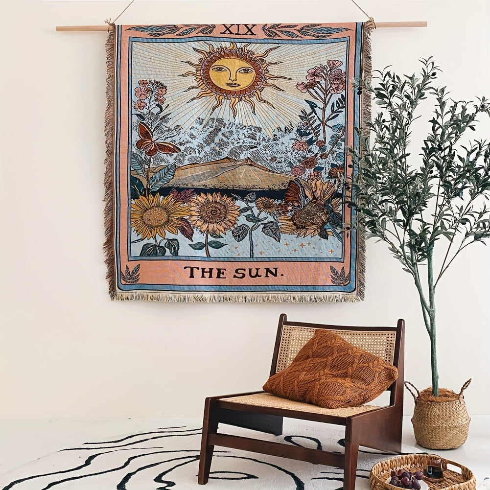 Bohemian Sun Tarot Card Design Throw Blanket - Soft, Lightweight, Washable Knit with Tassels, Perfect for Bed, Sofa, Yoga, Camping & Picnics, Indoor & Outdoor Use, Picnic Blanket | Bohemian Style | Fringed Detailing, Bohemian Decor