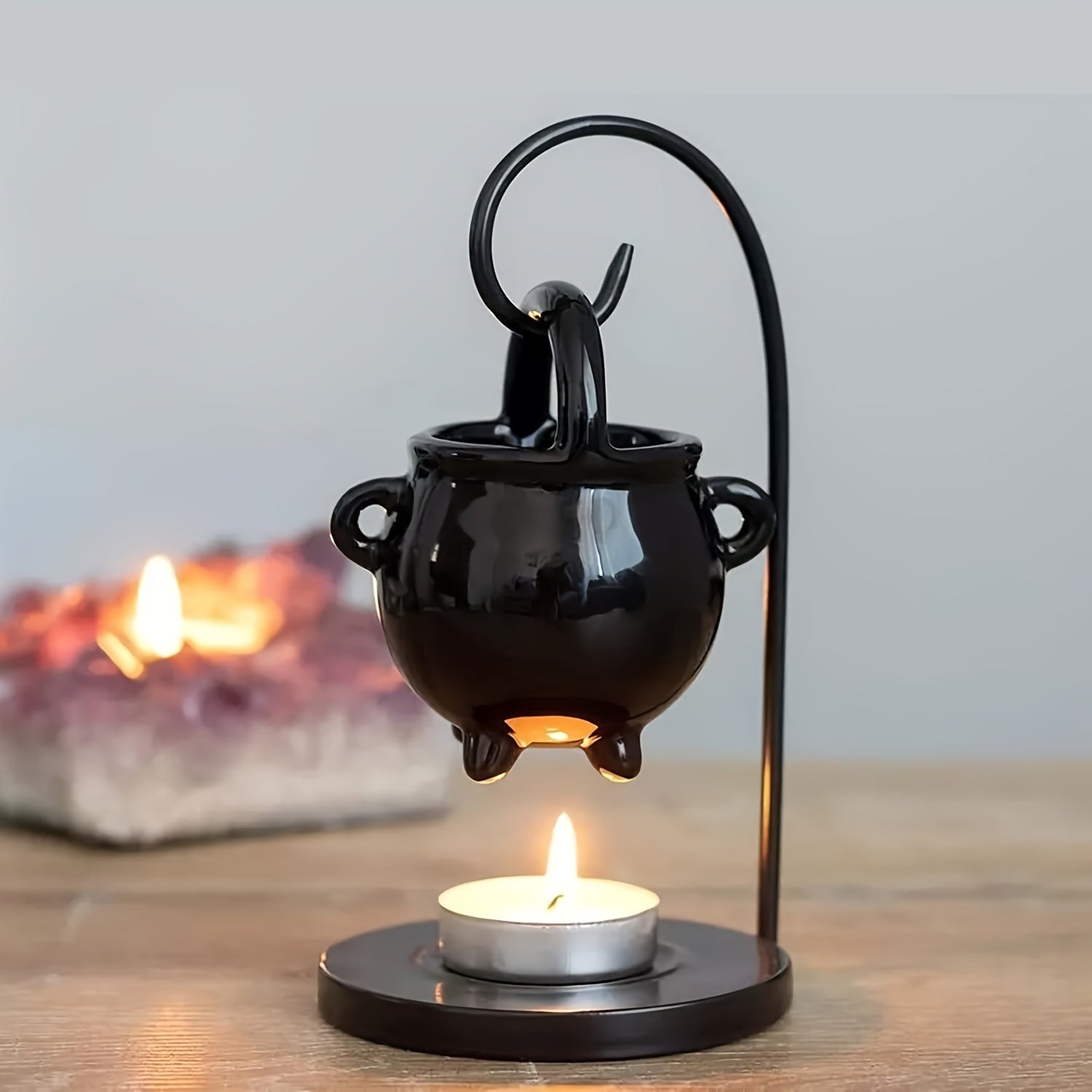 1pc Black Ceramic Witch's Cauldron Oil Burner - Essential Oil & Wax Melt Diffuser with Tealight Candle Holder for Home Decor, No Incense Included