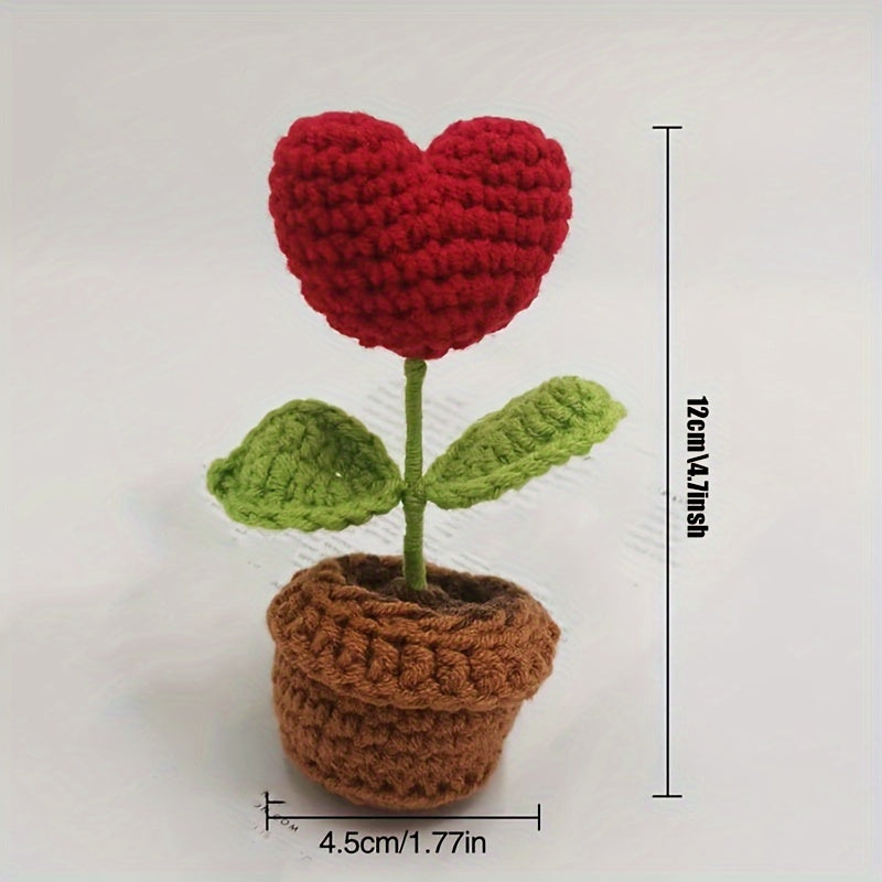 1pc Handcrafted Crochet Heart-Shaped Potted Plant, Fabric Artificial Peony Decoration, No Electricity Needed, Valentine's Day Home Decor Accent