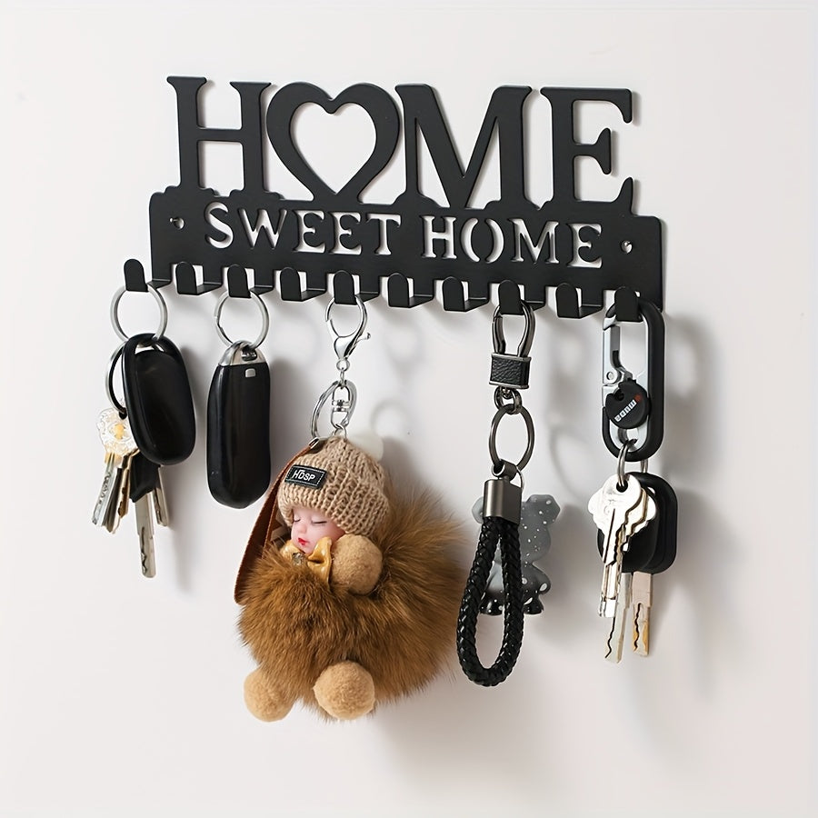 [Wall-Mounted Rust-Resistant Key Holder] Chic Black Metal Key Holder - Wall-Mounted Storage Rack with Decorative Hooks for Coats, Hats & More - Rust-Resistant Organizer for Entryway or Hallway