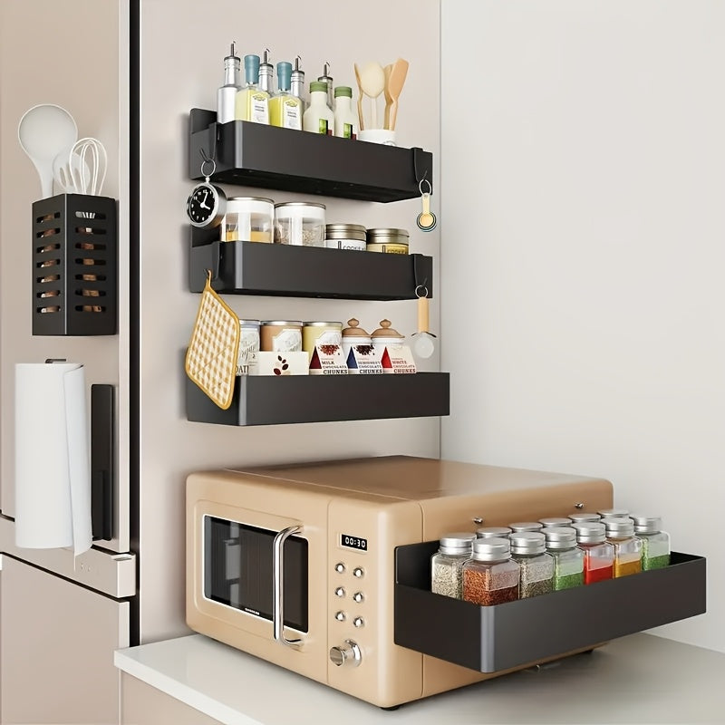 2-Pack Large Magnetic Plastic Storage Baskets for Refrigerator, Microwave, and Washing Machine - Multifunctional Kitchen Organizer, Side Spice Rack Magnetic Holder with No-Drill & Glue Required, Removable Shelf