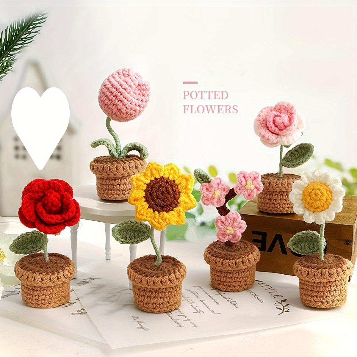 [Handmade Crochet Flowers] Vibrant Handmade Crochet Sunflower & Rose Artificial Potted Plants - Brown Pot, Perfect for Mother’s Day, Anniversaries, Birthdays, Valentine’s Gifts, Home & Office Desk Decoration