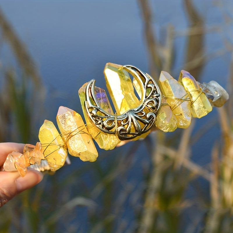 1pc Elegant Natural Crystal Headband - Moon Shaped Hollow Tiara - Chic Hair Jewelry for Special Occasions and Everyday Glamour