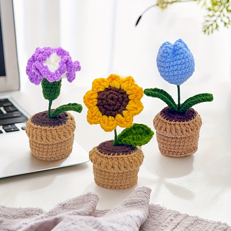 Handmade Crochet Polyester Sunflower Rose Tulip Puff Carnation Miniature Bonsai Car Parts for Living Room Tabletop Decor, No Electricity Needed, Perfect for Christmas, Thanksgiving, Valentine's, Mother'S Day, Graduation Gifts