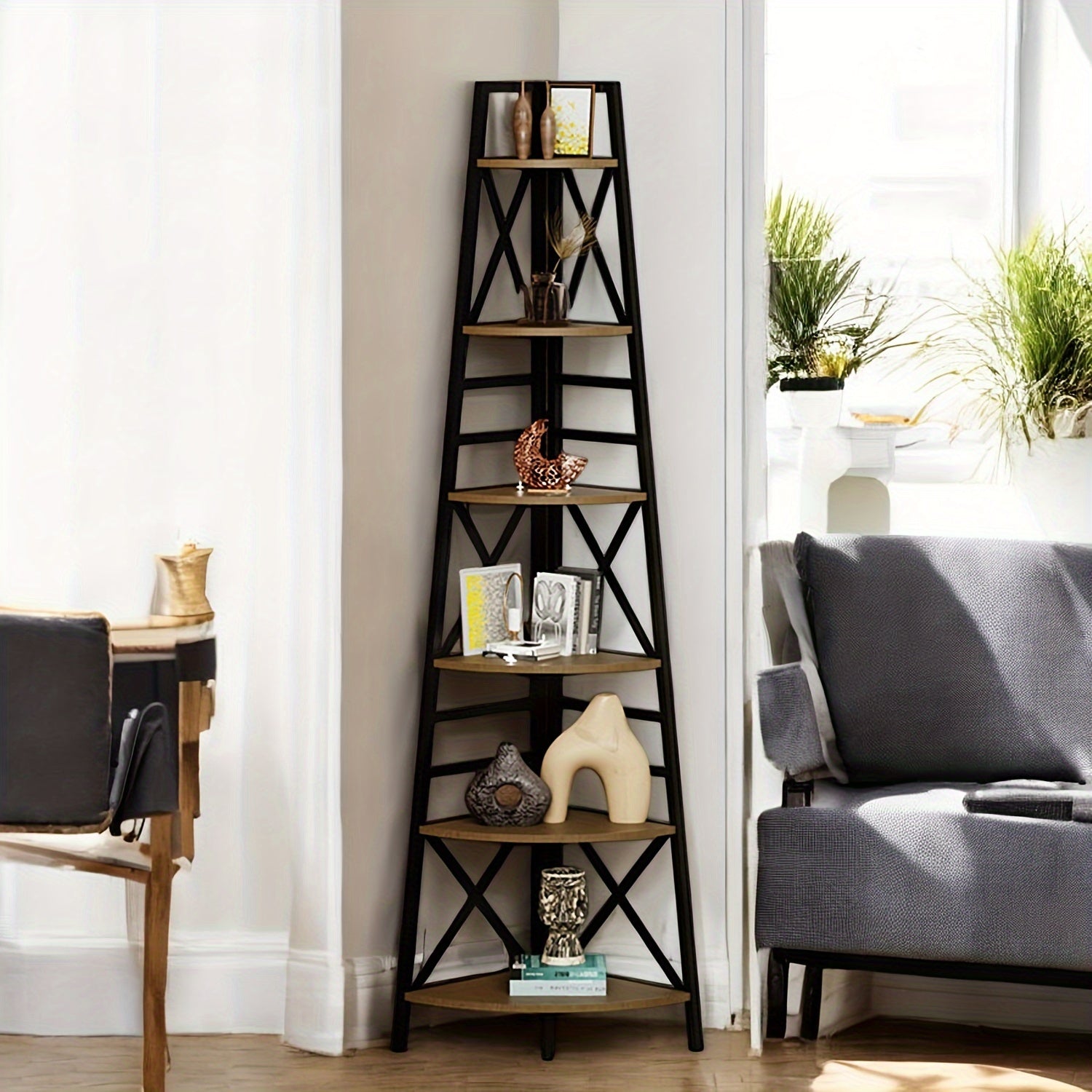 [Rustic Bookshelf] Rustic Brown 6-Tier Corner Bookshelf with Metal Frame | Space-Saving Ladder Shelf for Living Room, Bedroom, Kitchen, or Home Office – Perfect for Books, Decor, and Functional Storage, Standing Shelf