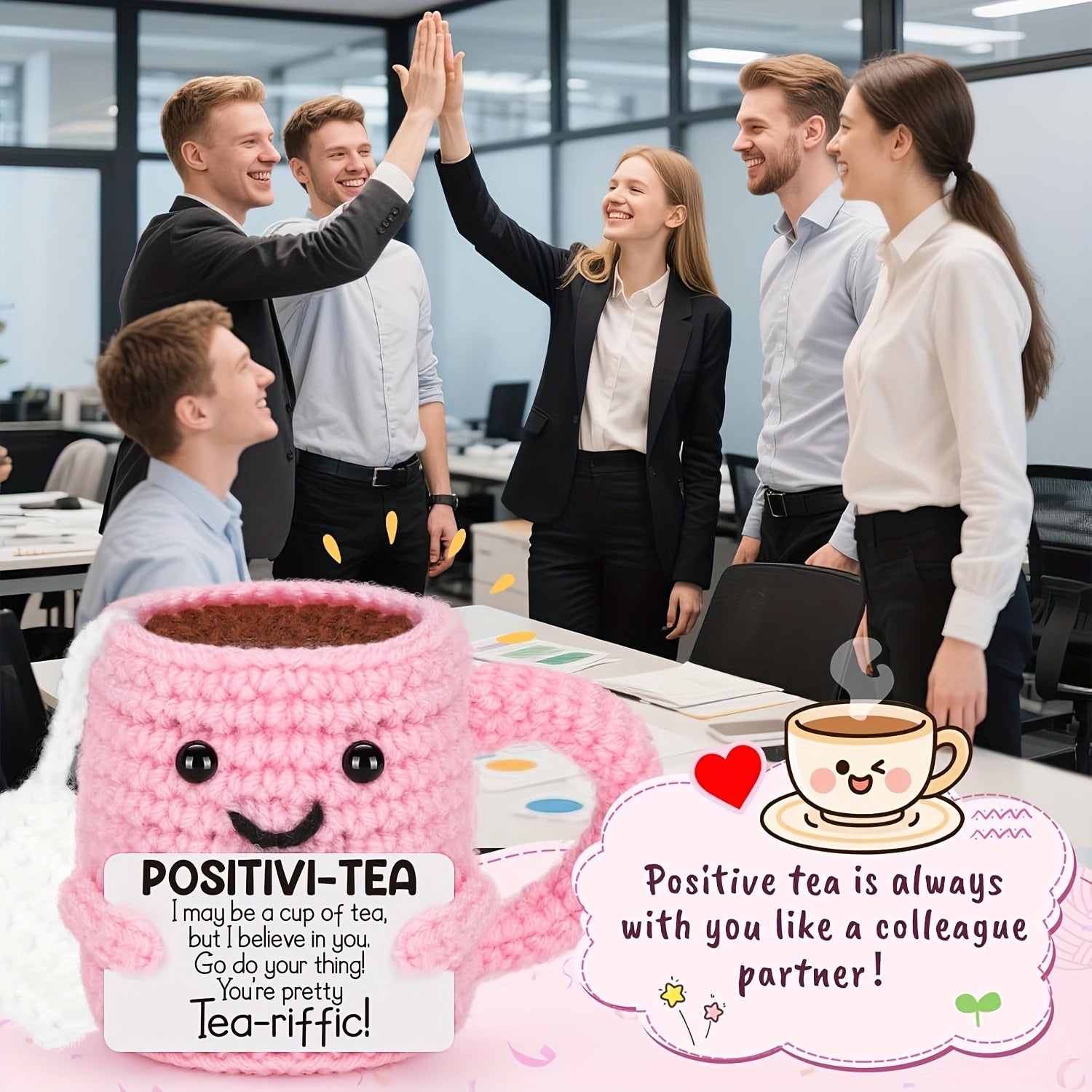 [Positivi-Tea Kit] Positivi-Tea Crochet Kit | DIY Pink Tea Cup with Motivational Card | Handmade Emotional Support Gift for Women, Friends, Teachers, Graduation & Birthday
