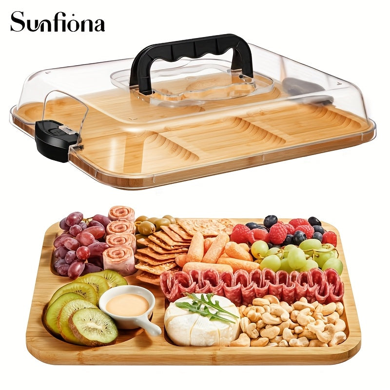 Sunfiona 1pc Bamboo Cheese Tray with Transparent Acrylic Lid
