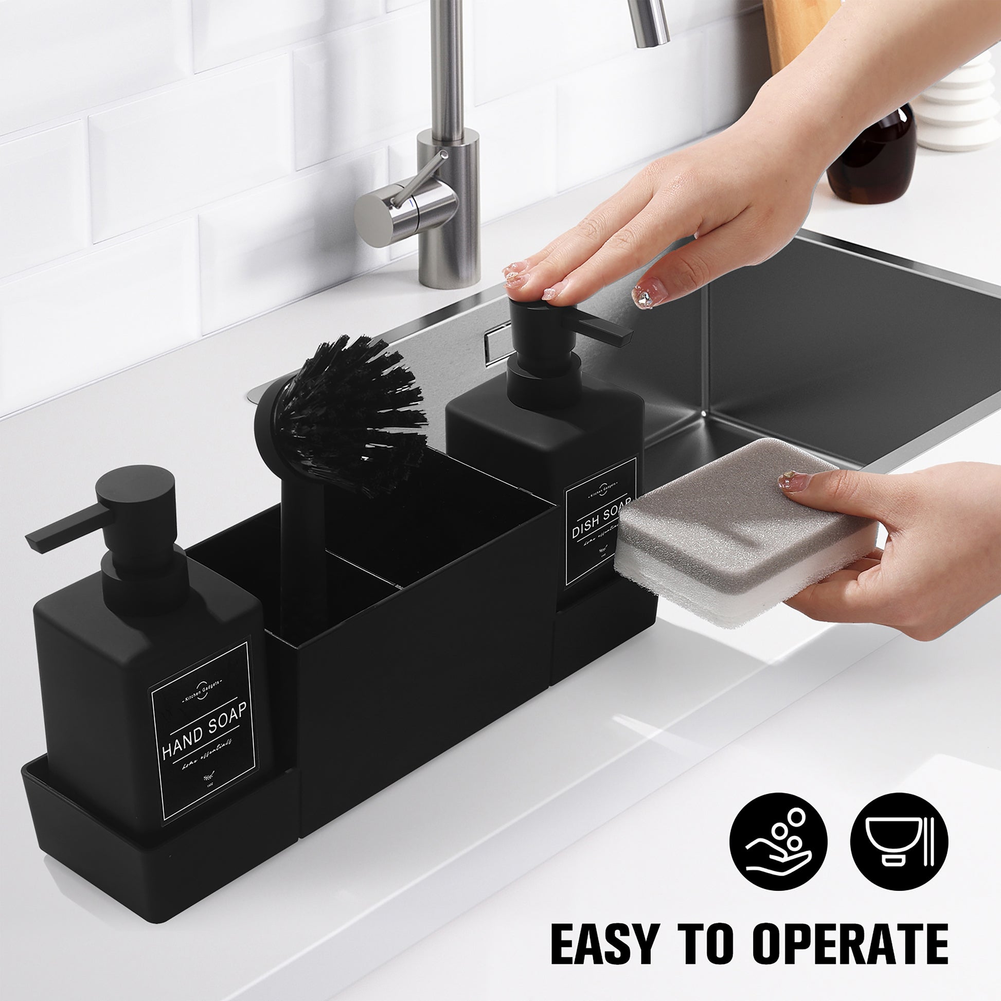 1 Set Black Double Soap Dispenser with Sponge Holder And Dish Brush for Kitchen Sink Countertop, Freestanding Plastic, Phthalate-Free, No Electricity Needed