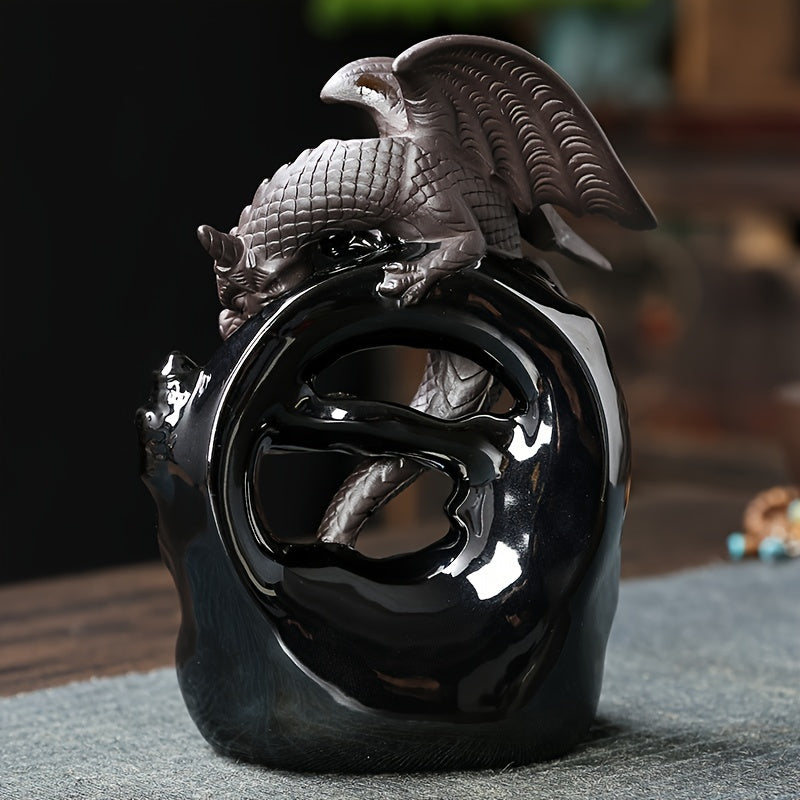 Elegant Black Winged Dragon Backflow Incense Burner - Ceramic Waterfall Smoke Holder for Home Decor, and Air Purification - Perfect for Yoga, Christmas, Halloween, Easter, Thanksgivin