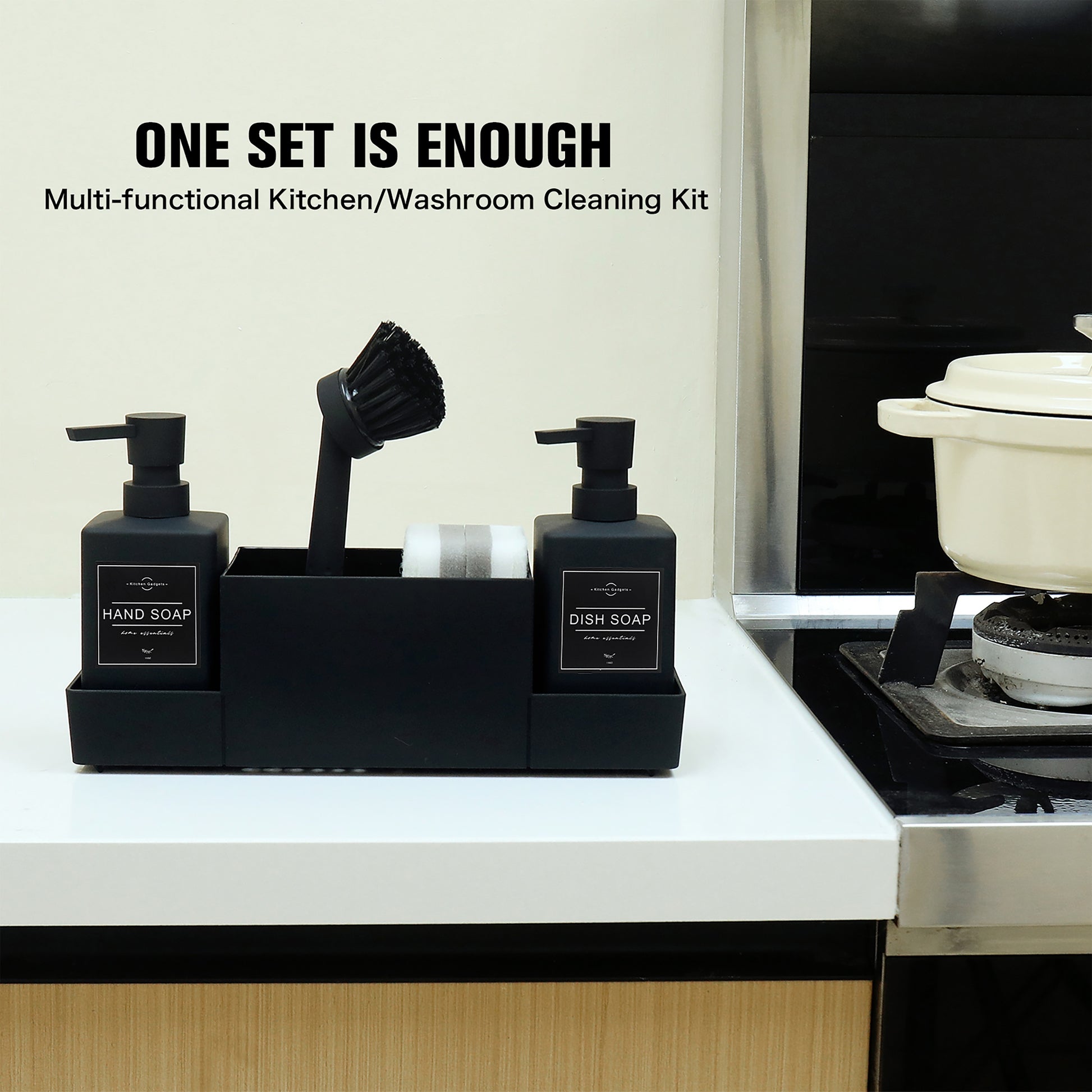 1 Set Black Double Soap Dispenser with Sponge Holder And Dish Brush for Kitchen Sink Countertop, Freestanding Plastic, Phthalate-Free, No Electricity Needed