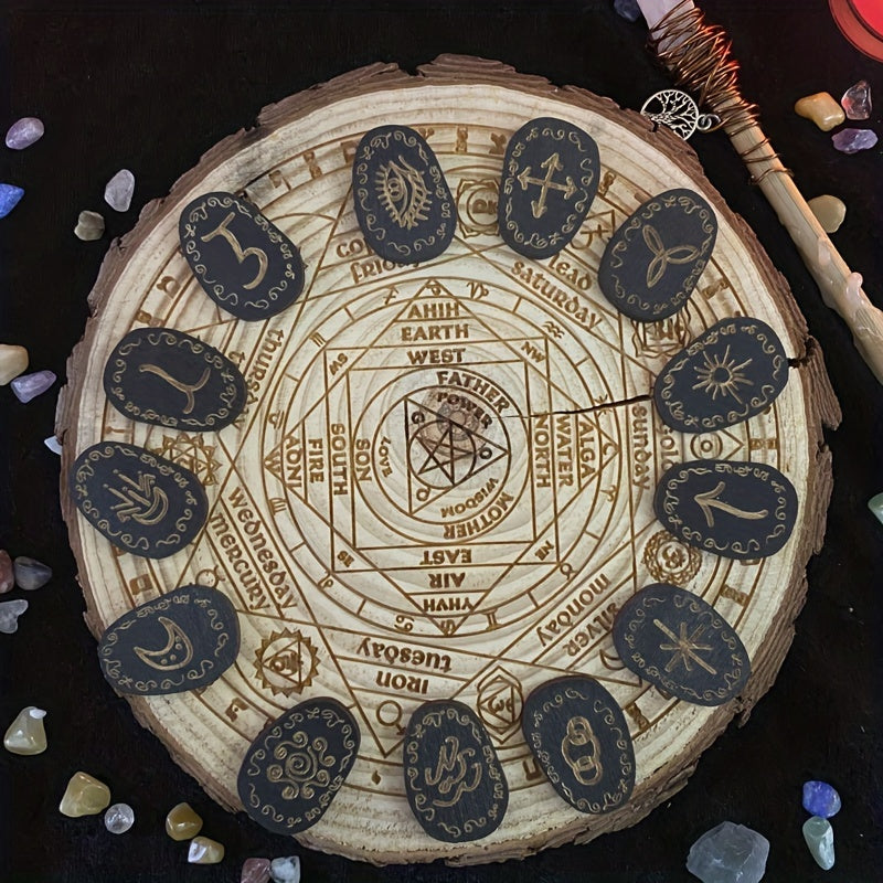 1 Set Wood Runes Stone Witches Rune Set 14pcs Engraved Rune Symbol for Divination Halloween Party Supply