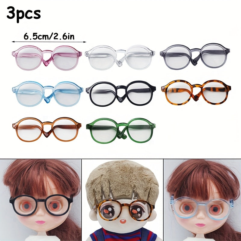 3pcs Decorative Plastic Glasses for Labubu & Collectible Figurines - 6.5cm Round Rimmed Fashion Doll Eyewear in Multicolor, Gray, Red, Green, Transparent, Black - Perfect Gift for Figure Collectors, Collectible Accessories, Playful Accessory, Durable Figu