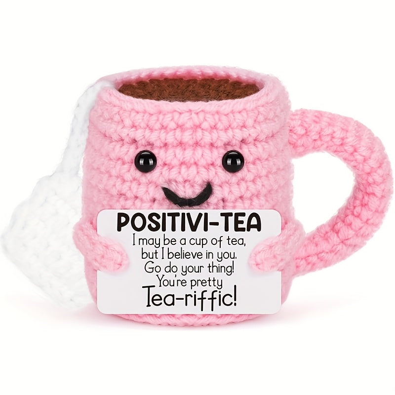 [Positivi-Tea Kit] Positivi-Tea Crochet Kit | DIY Pink Tea Cup with Motivational Card | Handmade Emotional Support Gift for Women, Friends, Teachers, Graduation & Birthday