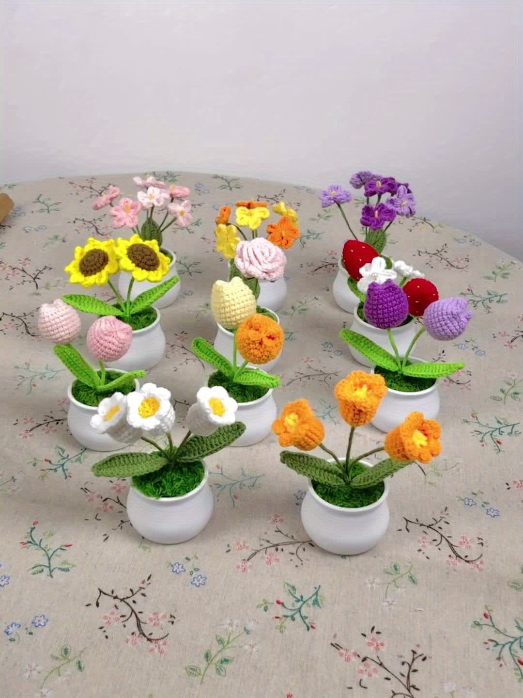 1pc Hand-Knitted Miniature Potted Flower Decor - Vibrant Multicolor Fabric Artificial Floral Arrangement, No Fade No Pill, Cute Table Centerpiece for Home Office Desk, Graduation Party, Festive Gift (No Vase Included)