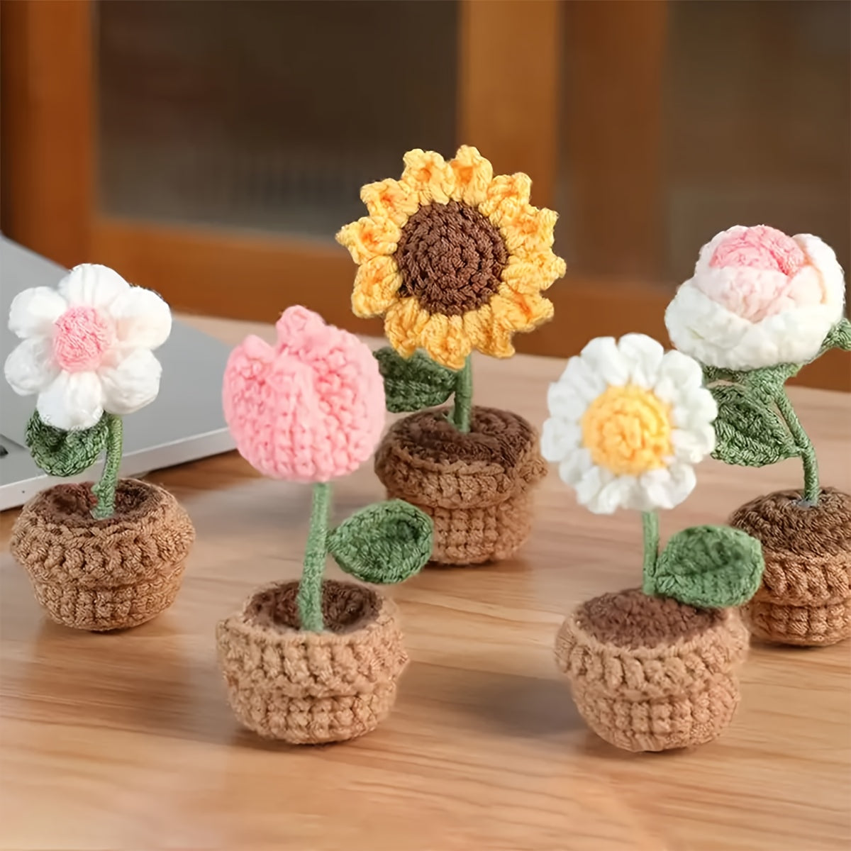 [Handmade Crochet Flowers] Vibrant Handmade Crochet Sunflower & Rose Artificial Potted Plants - Brown Pot, Perfect for Mother’s Day, Anniversaries, Birthdays, Valentine’s Gifts, Home & Office Desk Decoration