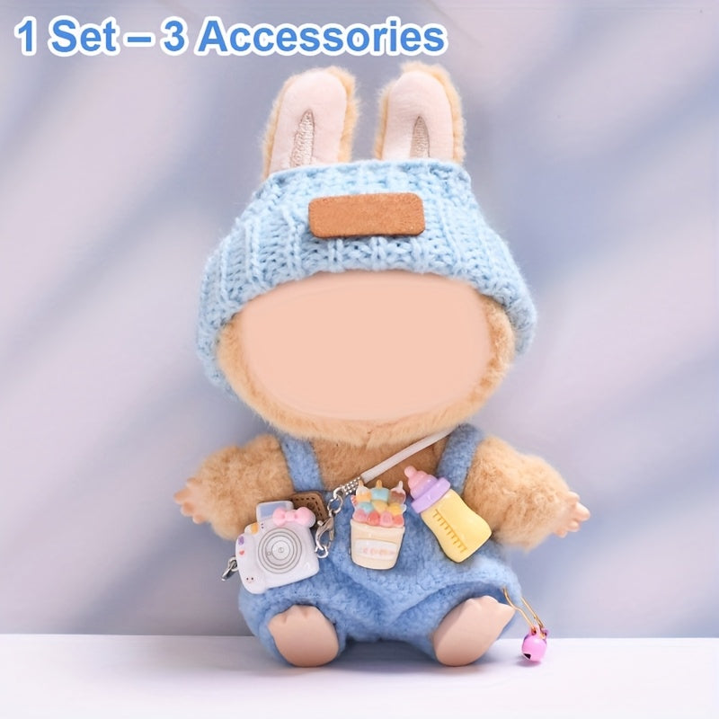 [Cute Crochet Outfit] 3pcs Crochet Outfit for Labubu | Doll Clothes Set with Hat, Overalls & Mini Camera Bag, Cute Handmade Accessories - Doll Not Included