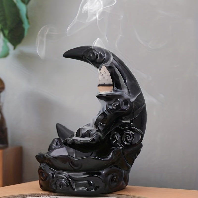 [1pc Handcrafted Moon Backflow Holder] 1pc Handcrafted Resin Moon Backflow Incense Holder, Waterfall Aromatherapy Burner with Cones for Yoga & Home Decor, Ideal for Halloween, Christmas, Easter, Hanukkah, Thanksgiving