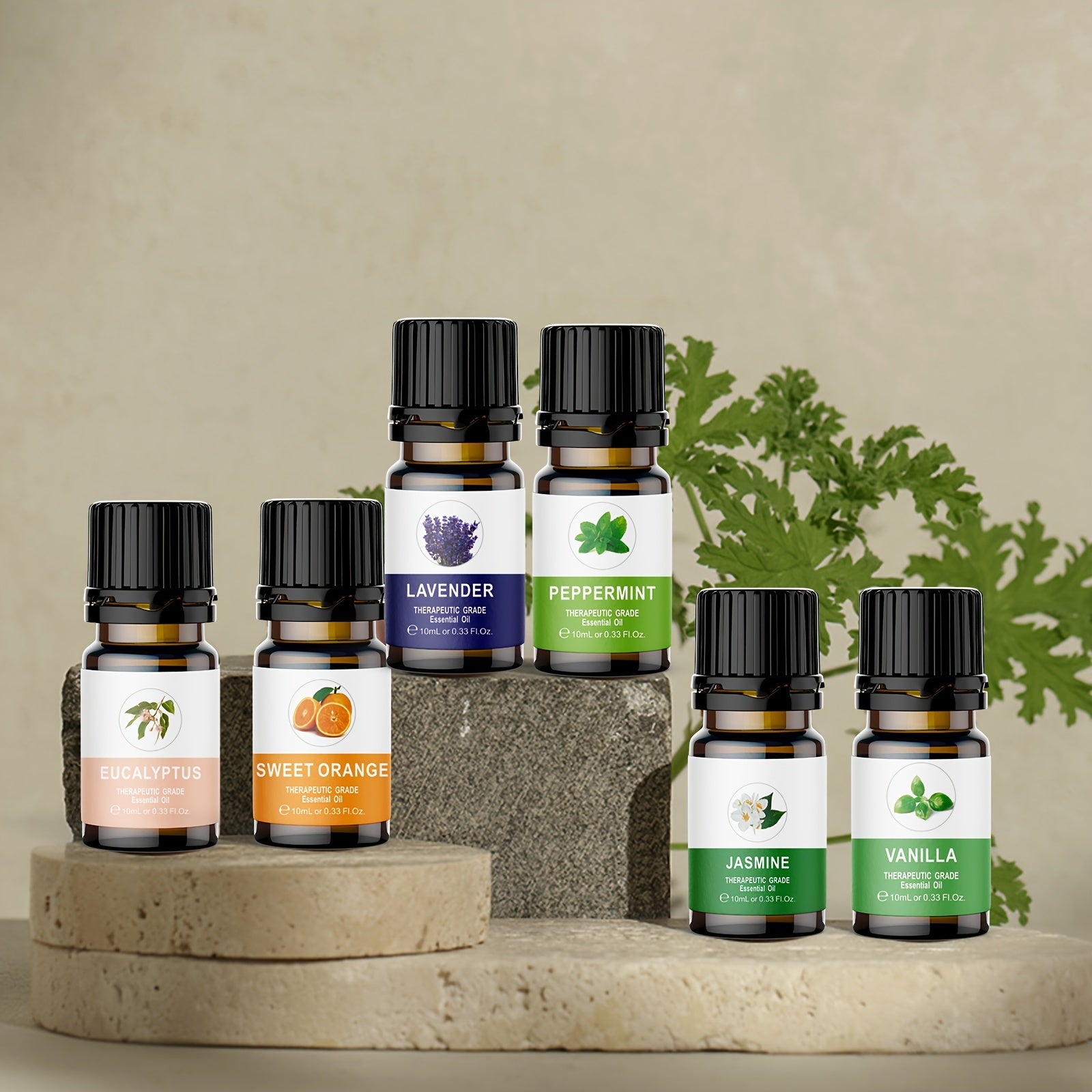 A Set of 6 Essential Oils, Suitable for Air Freshening, Including Lavender, Jasmine, Mint, Eucalyptus, Sweet Orange, And Vanilla.
