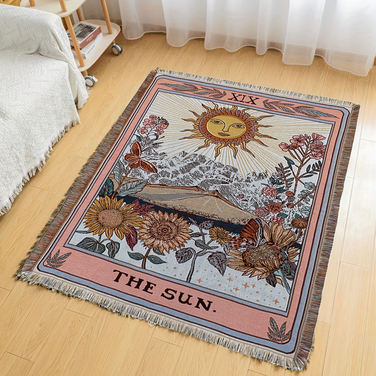 Bohemian Sun Tarot Card Design Throw Blanket - Soft, Lightweight, Washable Knit with Tassels, Perfect for Bed, Sofa, Yoga, Camping & Picnics, Indoor & Outdoor Use, Picnic Blanket | Bohemian Style | Fringed Detailing, Bohemian Decor