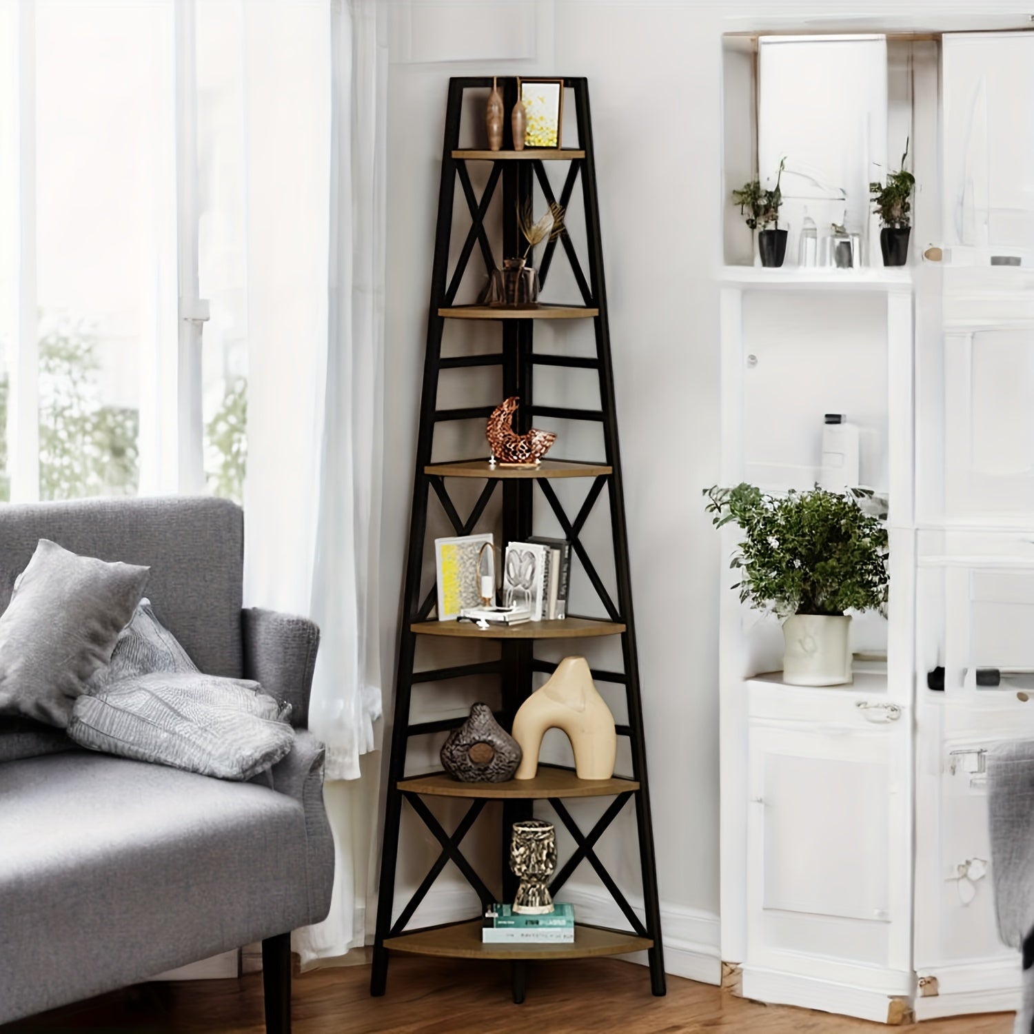[Rustic Bookshelf] Rustic Brown 6-Tier Corner Bookshelf with Metal Frame | Space-Saving Ladder Shelf for Living Room, Bedroom, Kitchen, or Home Office – Perfect for Books, Decor, and Functional Storage, Standing Shelf