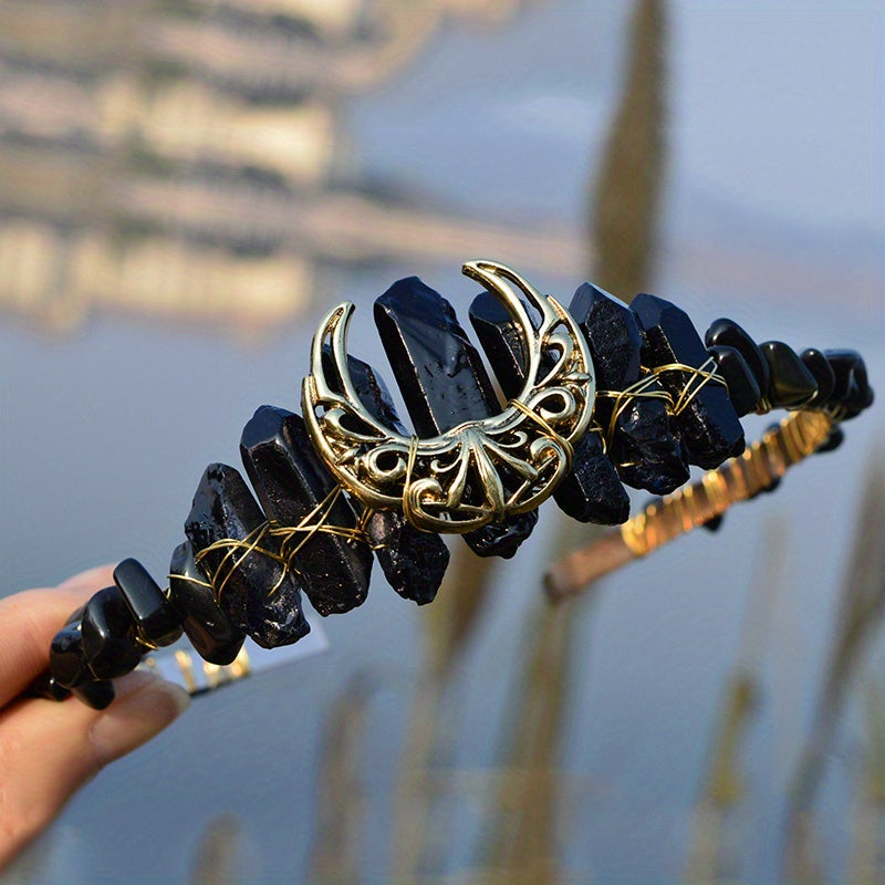 1pc Elegant Natural Crystal Headband - Moon Shaped Hollow Tiara - Chic Hair Jewelry for Special Occasions and Everyday Glamour
