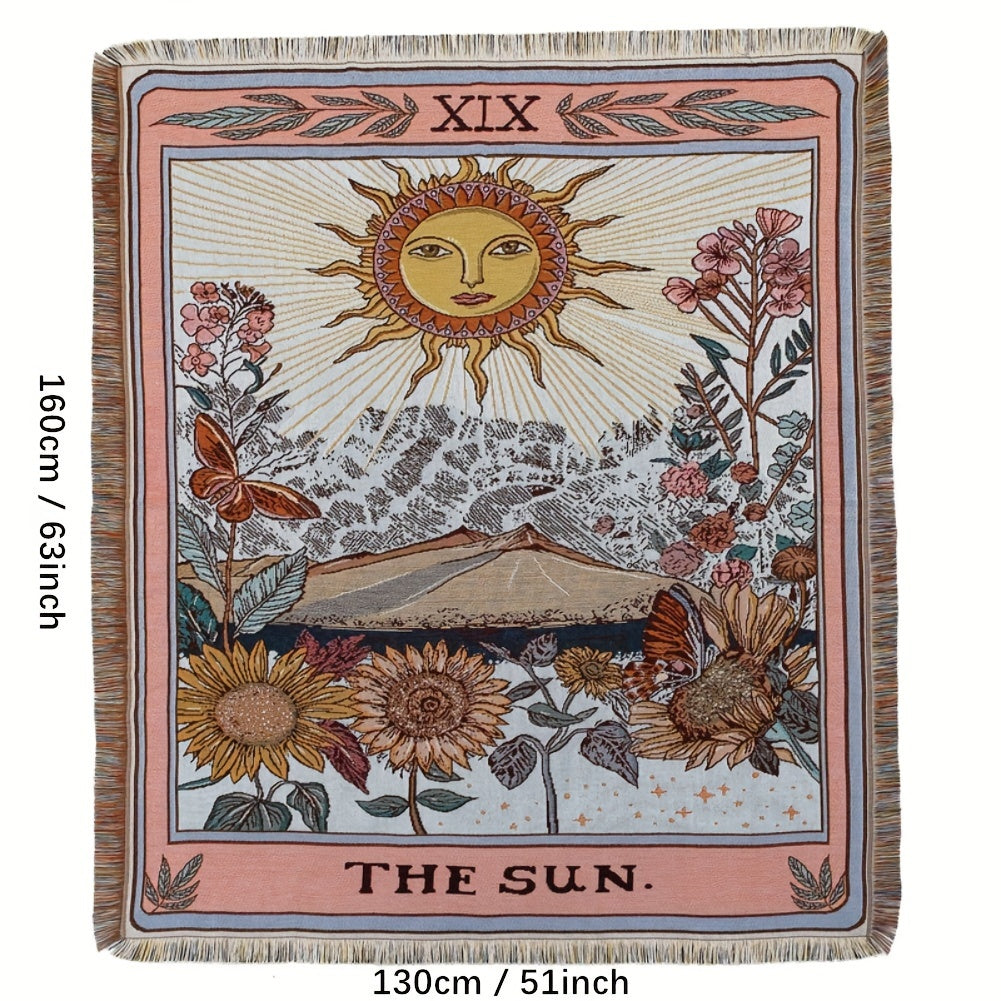Bohemian Sun Tarot Card Design Throw Blanket - Soft, Lightweight, Washable Knit with Tassels, Perfect for Bed, Sofa, Yoga, Camping & Picnics, Indoor & Outdoor Use, Picnic Blanket | Bohemian Style | Fringed Detailing, Bohemian Decor