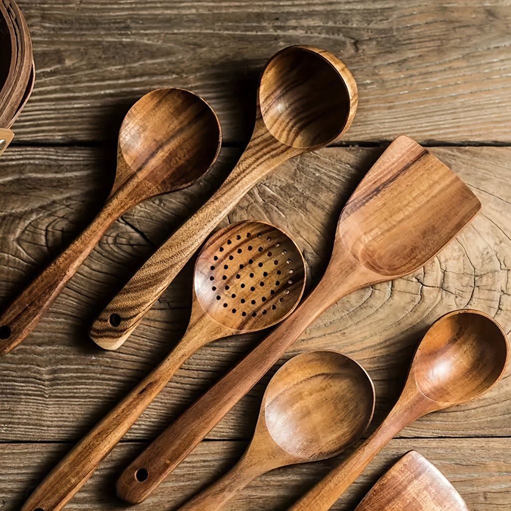 AIUHI 5pcs Wooden Kitchen Utensils Set, Wooden Spoons Natural Spurtle Set for Non-stick Pan Kitchen Tool Ladle and Wok Spatulas