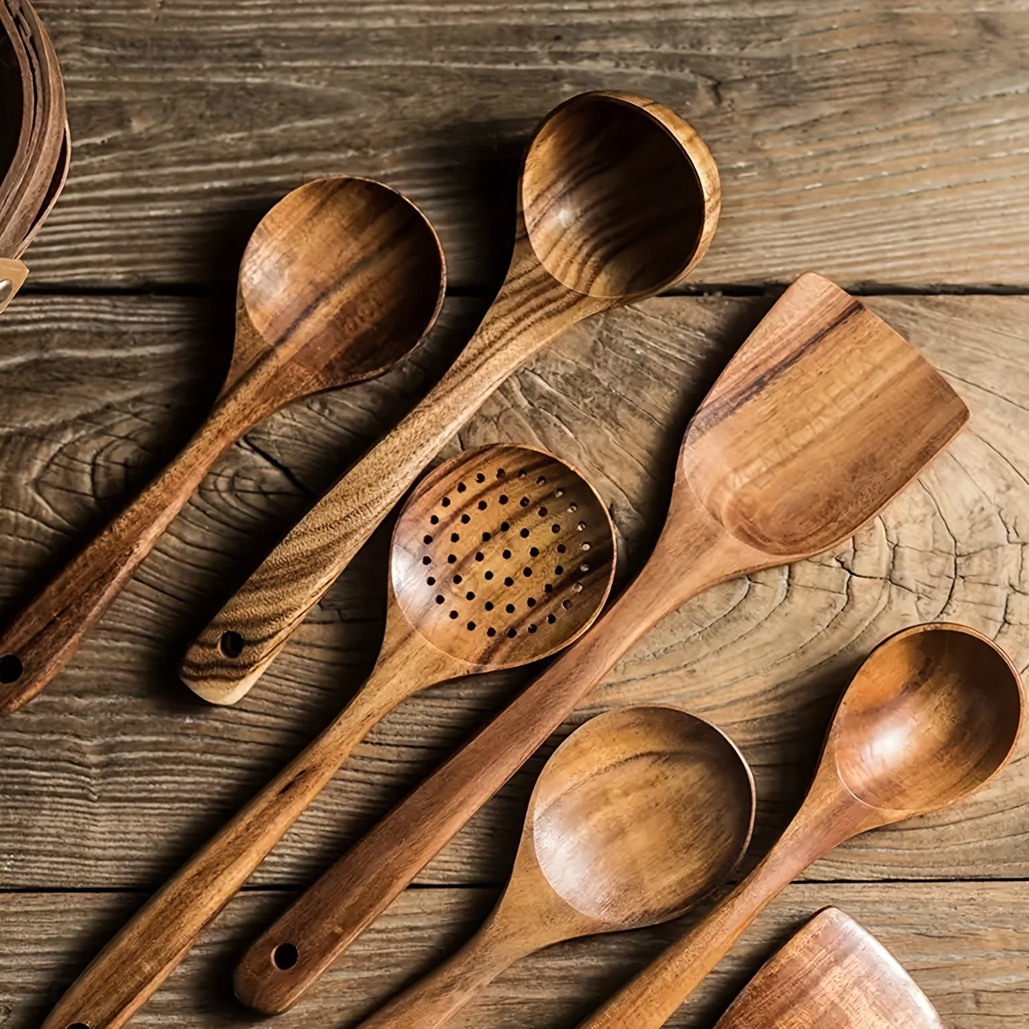 AIUHI 5pcs Wooden Kitchen Utensils Set, Wooden Spoons Natural Spurtle Set for Non-stick Pan Kitchen Tool Ladle and Wok Spatulas