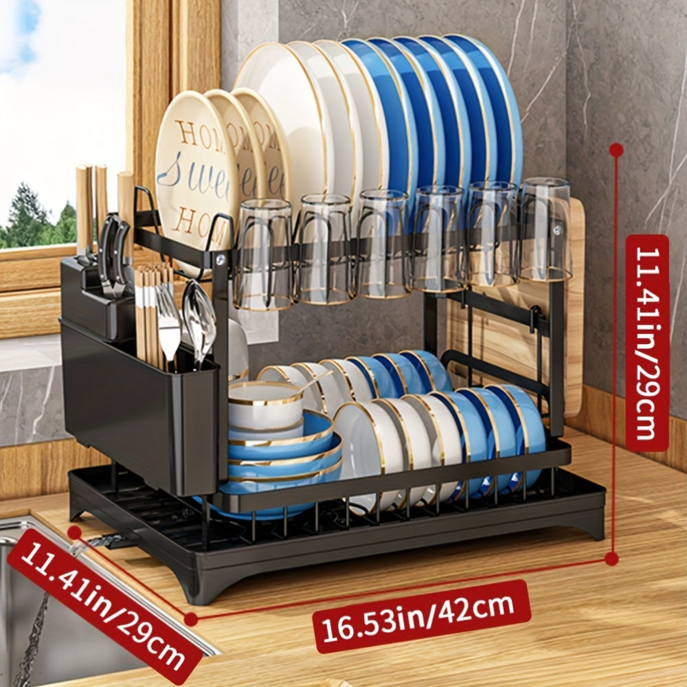 1pc Large Capacity 2-Tier Dish Drying Rack with Drainboard, Double-Layer Bowl & Cup Rack, Detachable Over The Sink Organizer for Kitchen Counter, Black & White - Ideal for Plates, Bowls, Cups & Cutlery Storage, Dish Drying Rack