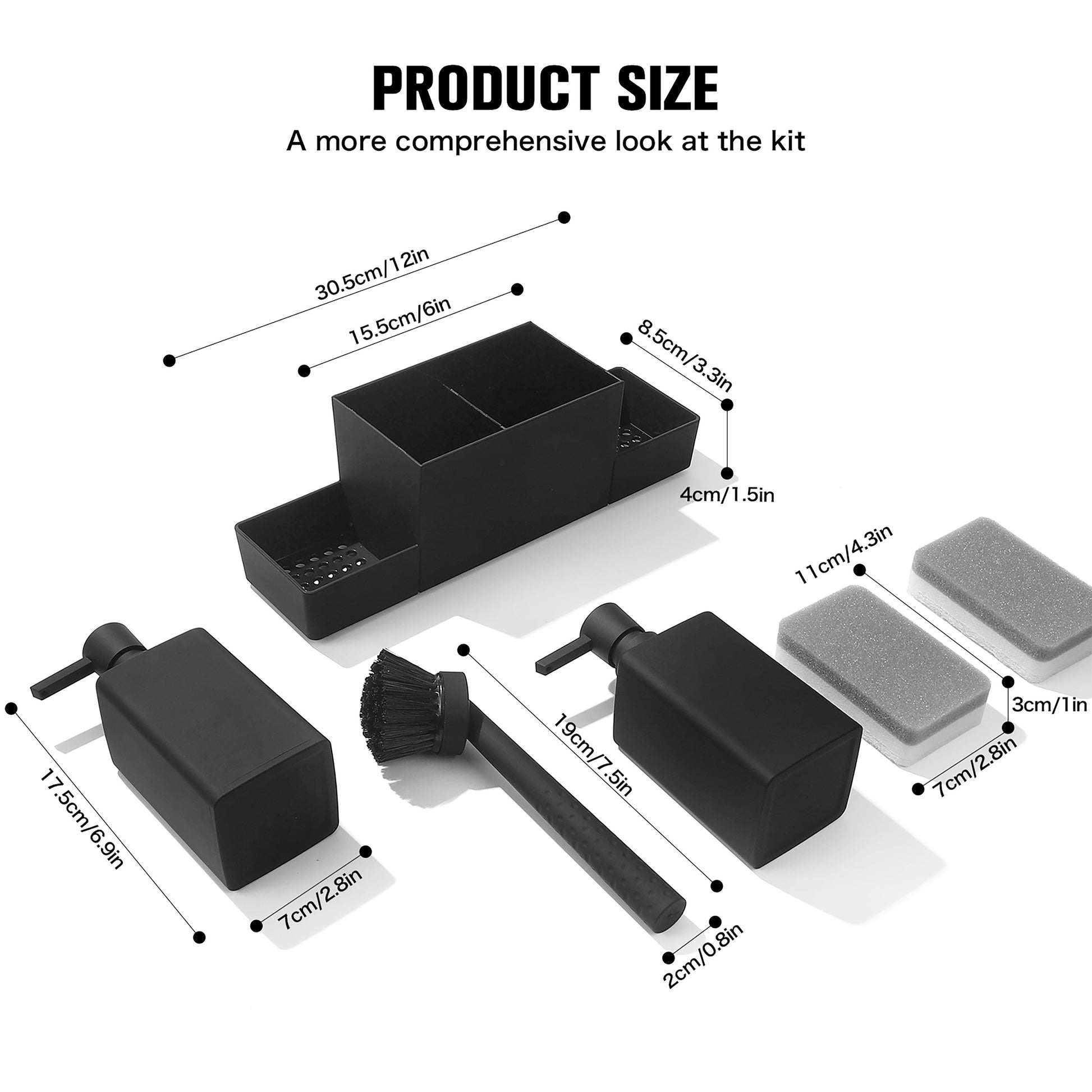 1 Set Black Double Soap Dispenser with Sponge Holder And Dish Brush for Kitchen Sink Countertop, Freestanding Plastic, Phthalate-Free, No Electricity Needed