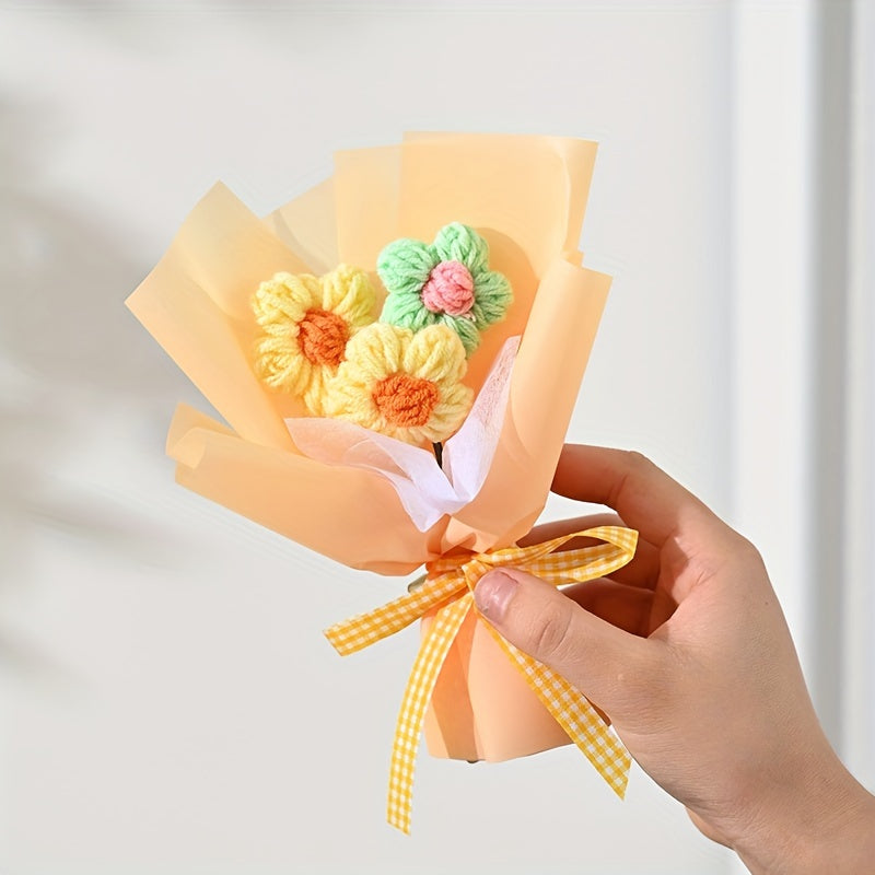[Artificial Flower Bouquet] 1pc Artificial Mini Knitted Puff Flower Bouquet, Creative Fabric Home Decor Accent - No Electricity or Battery Needed, Ideal for Valentine's Day, Mother's Day, Christmas, Graduation
