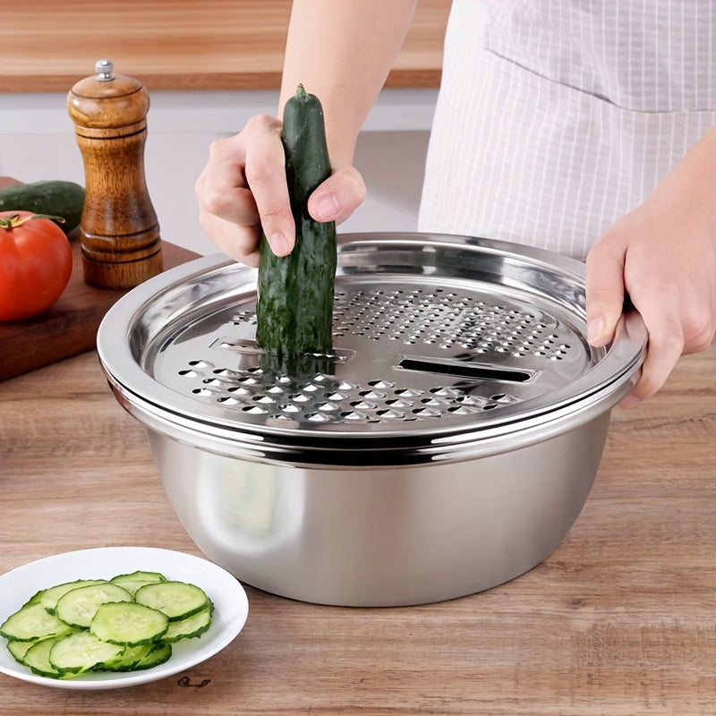 3pcs Stainless Steel Kitchen Set with Integrated Grinder, Multi-Purpose Filter and Mixing Bowl - Ideal for Cleaning and Slicing Fruits, Vegetables, and Cheese | Food Safety with Drainage System, Perfect for Home Cooking, Kitchen Grinder