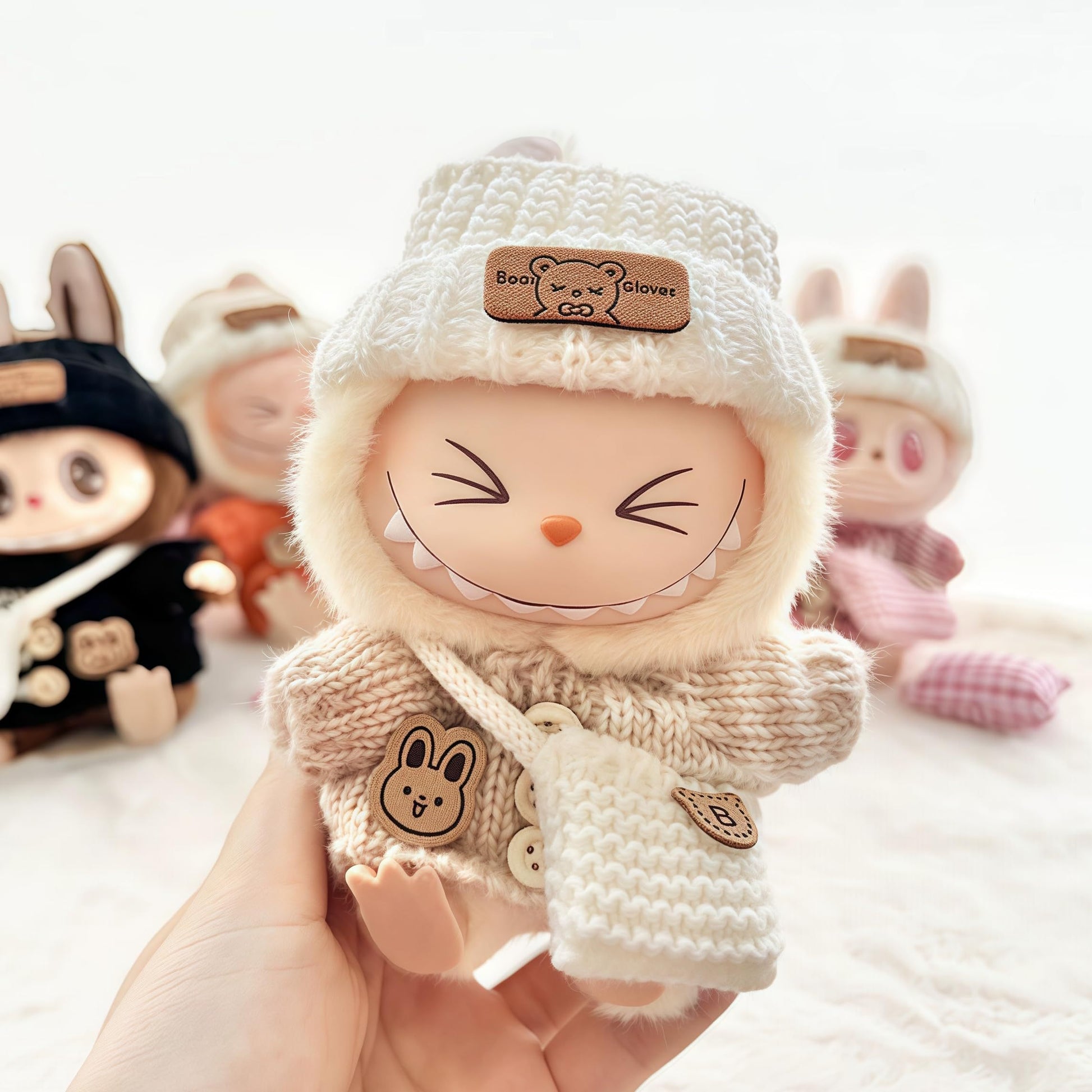 1/4pcs, Labubu fashionable clothing set for dolls (doll not included), handmade 3pcs knit outfit with cute dress, bag, and hat, DIY stylish accessory gift for daughters' birthdays or anniversaries