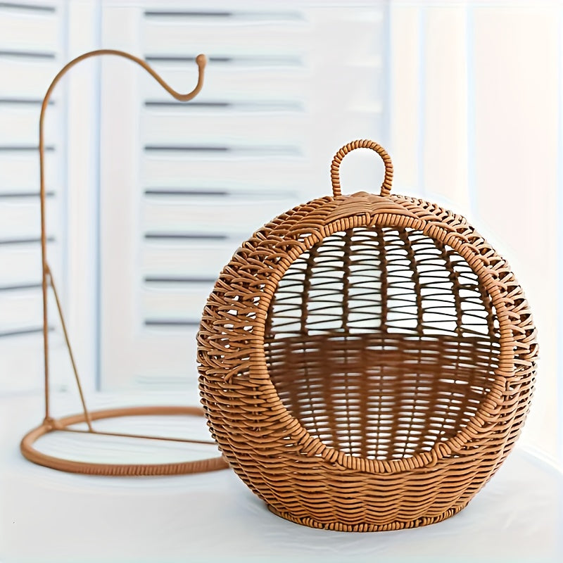 1pc Round Woven Rattan Cat Hammock Basket