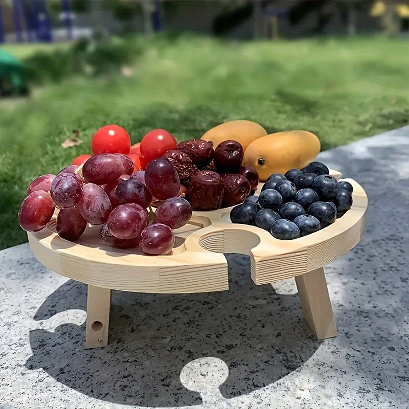 1pc Handmade Wooden Folding Picnic Table with Wine Rack