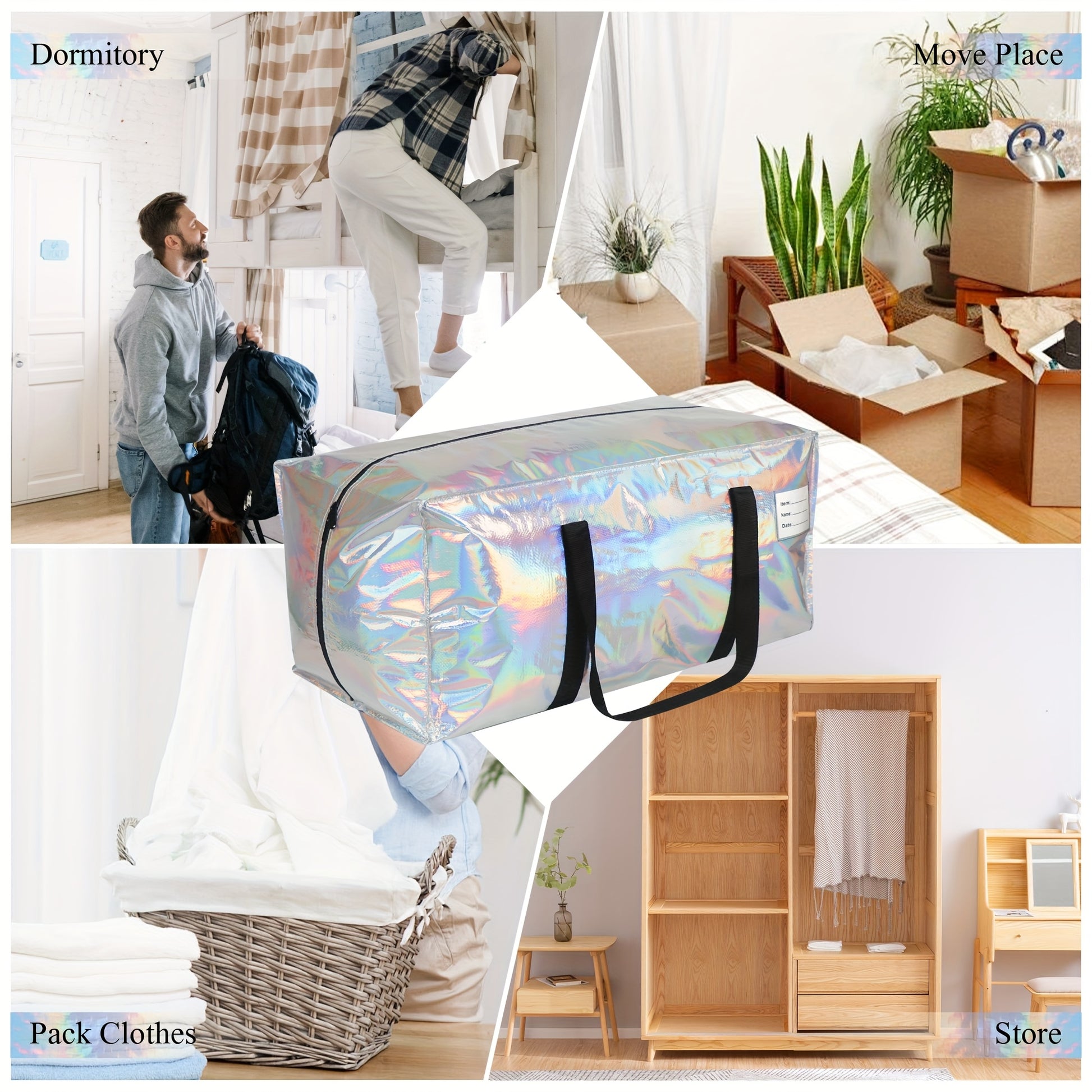 4pcs Large Moving Bags, Silvery Thick Storage Bags, with Side Handles and Label Bags, Reusable Storage Tote Bags, Save Space, Suitable for Moving, Long-term Storage of Clothe