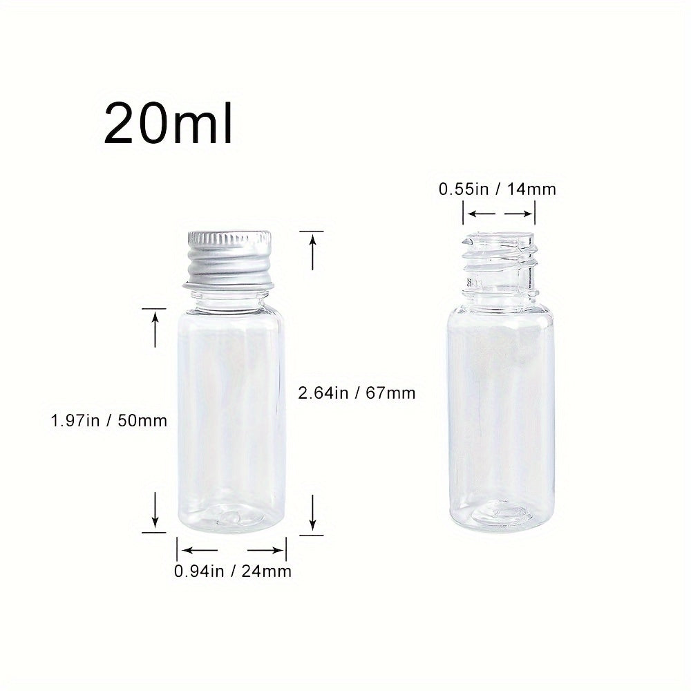 20pcs Mini Plastic Bottles with Aluminum Screw Caps - Shatterproof & Airtight, 5/10/20ml Sizes - Perfect for Beads, Decorations, DIY, Sample Jars, Compact Storage & Travel - Durable & Versatile